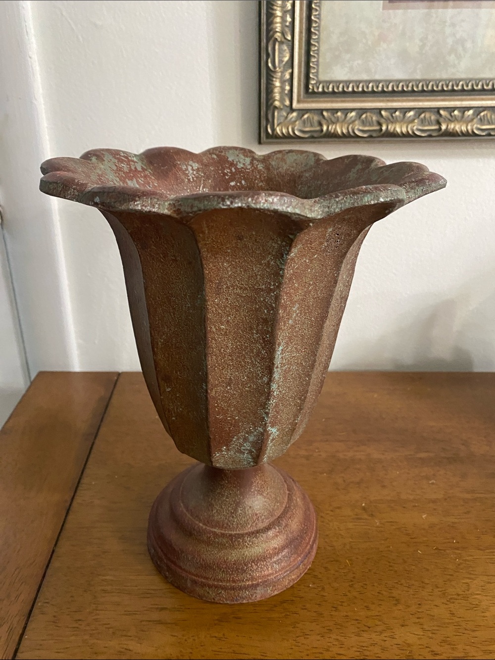 Scalloped Urn iron Vase in Rust with Green Patina